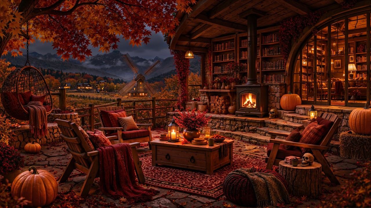 Pumpkin Glow on the Fall Porch 🎃 | Jazz, Fireside Ambience & Cozy Farm Night