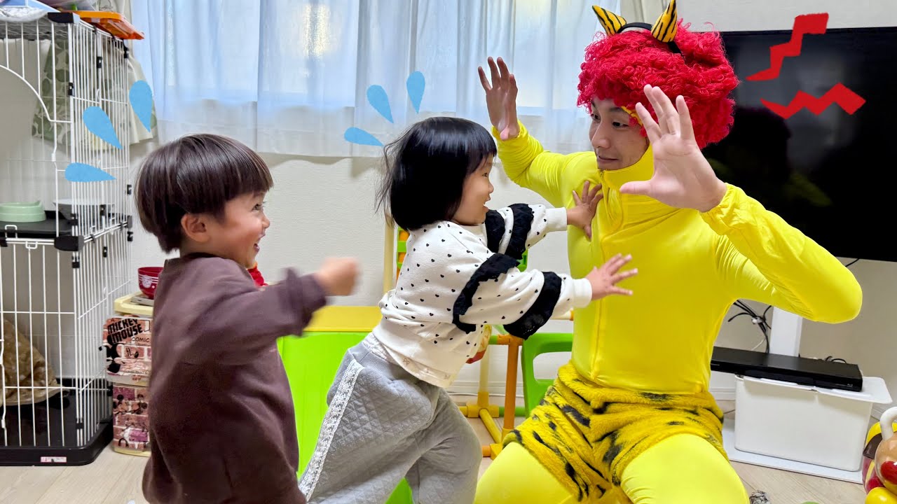 鬼は外！3歳児がまめまきで鬼をやっつけるぞ！　なのキッズ　鬼　おに　まめまき　節分　子ども　遊び　アニメ　おもちゃ　動物　退治　アンパンマン　歌　バイキンマン　だだんだん　kids こども　鬼退治