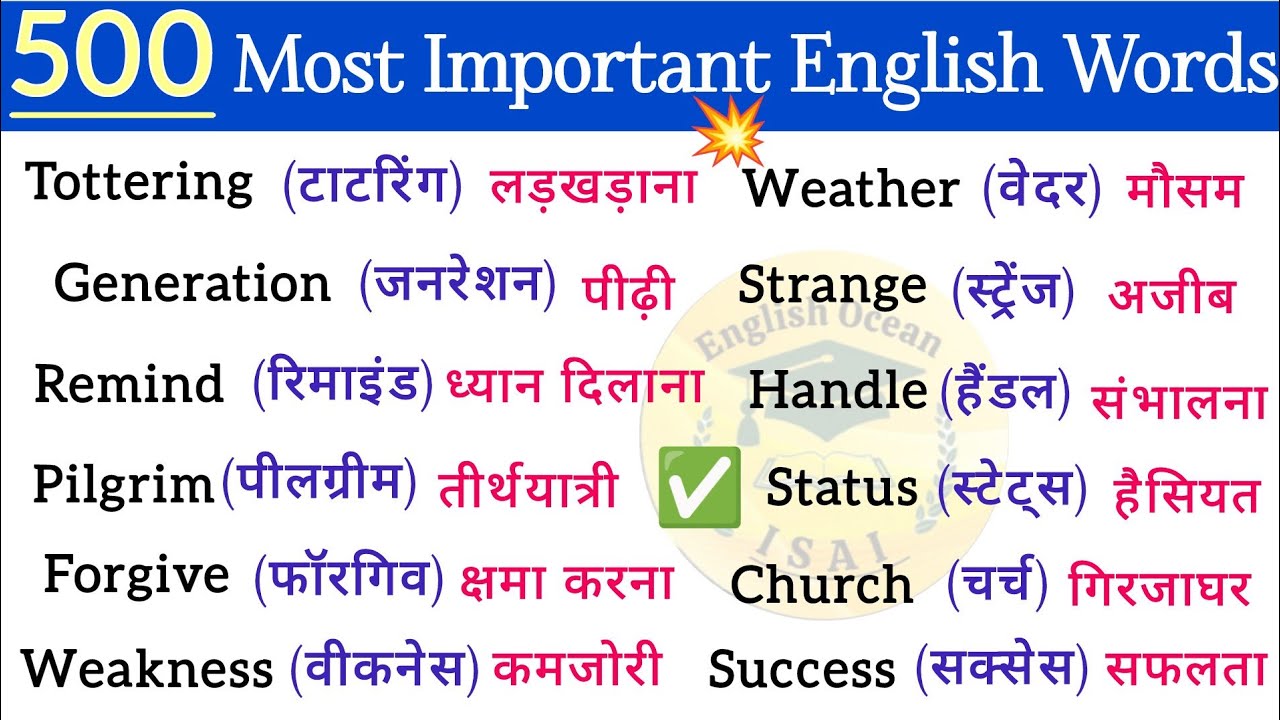 ✅ 500 Most Important English Words / English Vocabulary / रोज़ बोले जाने वाले English words / Spoken
