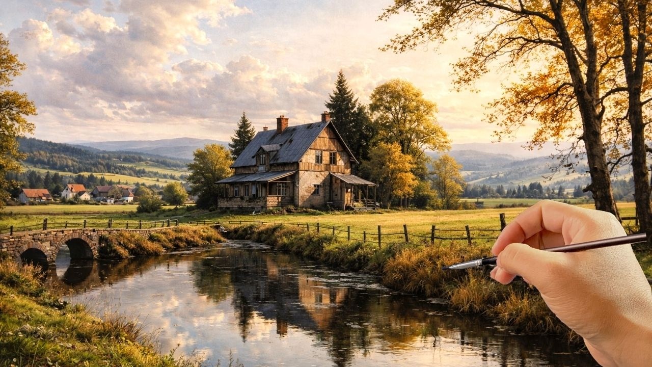 🎨 Painting a Cozy Riverside Cottage in Autumn | Relaxing Acrylic Landscape Tutorial | #072
