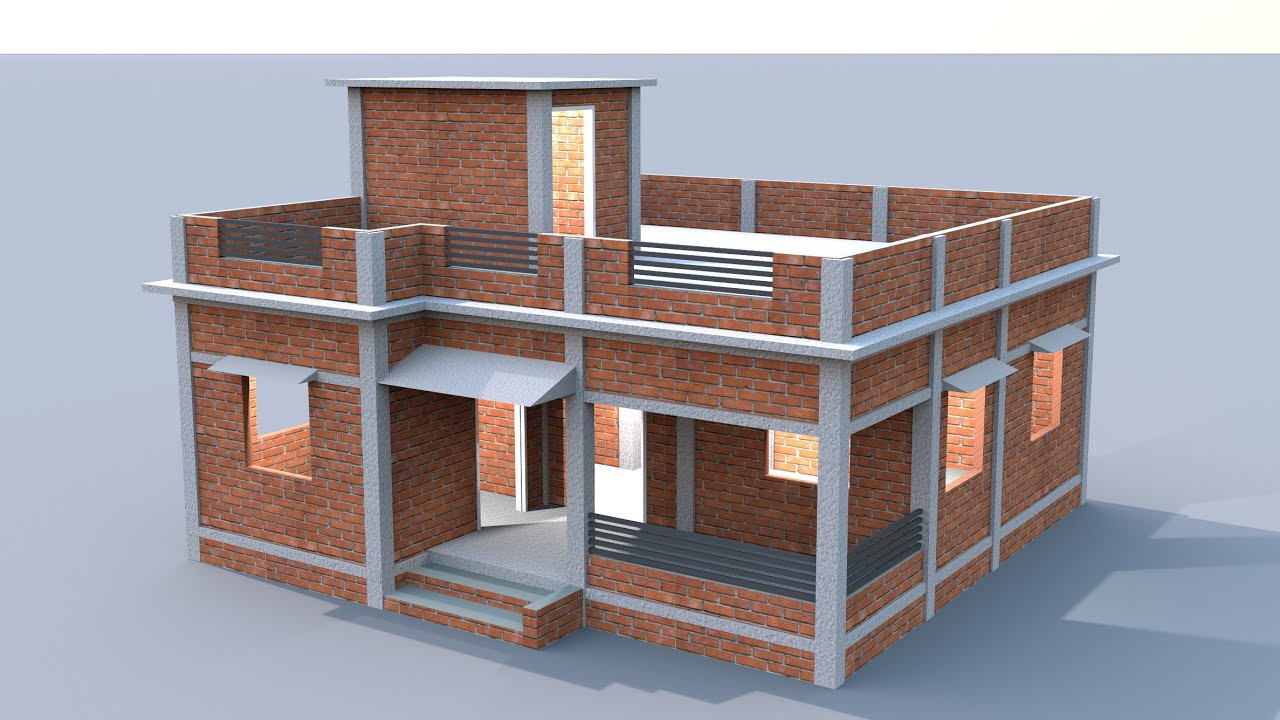 single story village home plan with 3 bedroom, village house design with full details in 3d