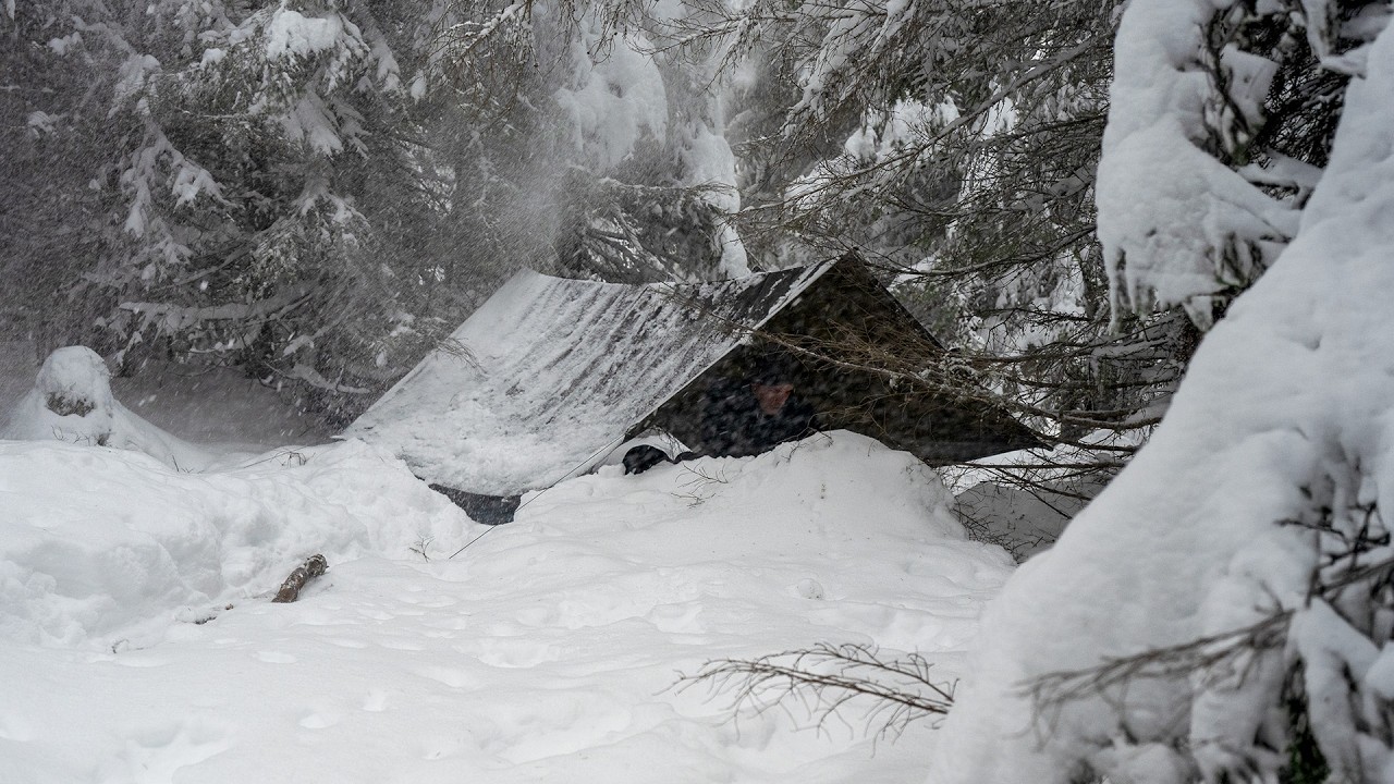 Solo bushcraft trip — massive snowfall, hanging tarp shelter, cooking on a VERTICAL campfire