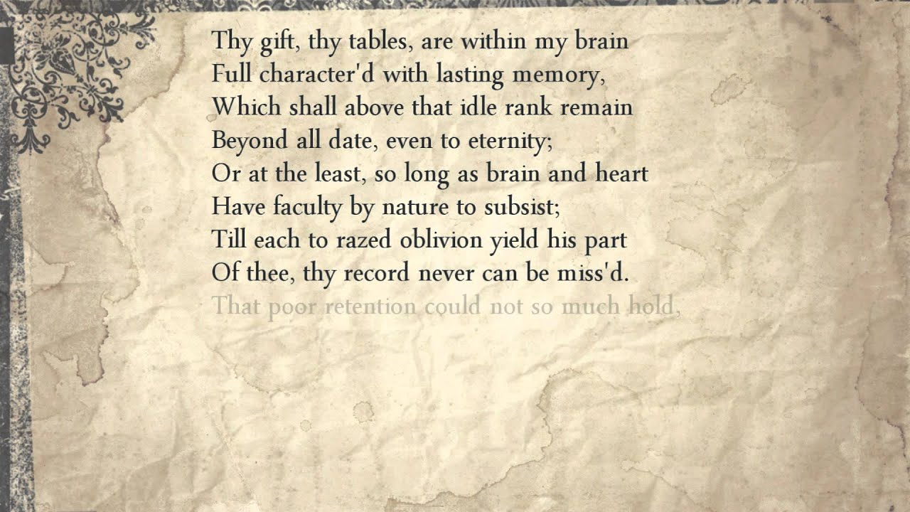Sonnet 122: Thy gift, thy tables, are within my brain