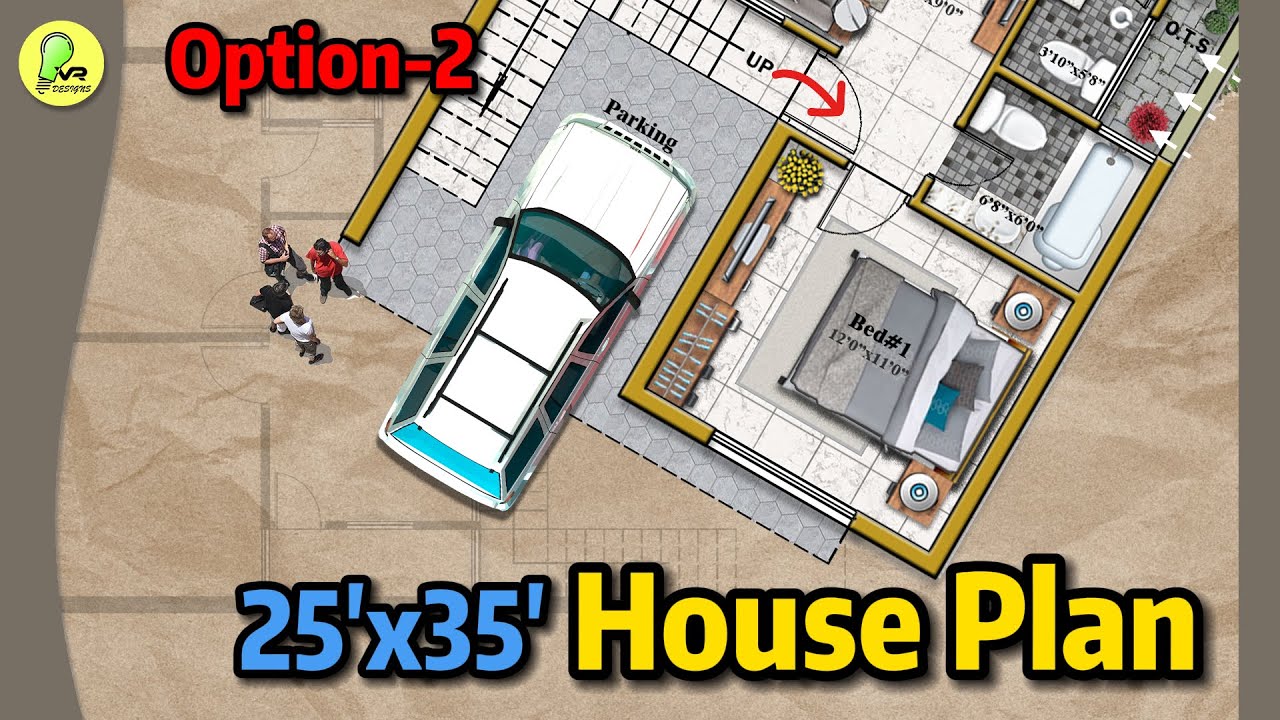 25x35 House Plan, Option-2, 2BHK Home with Car Parking, 25' * 35' House Design, #houseplan #instyle
