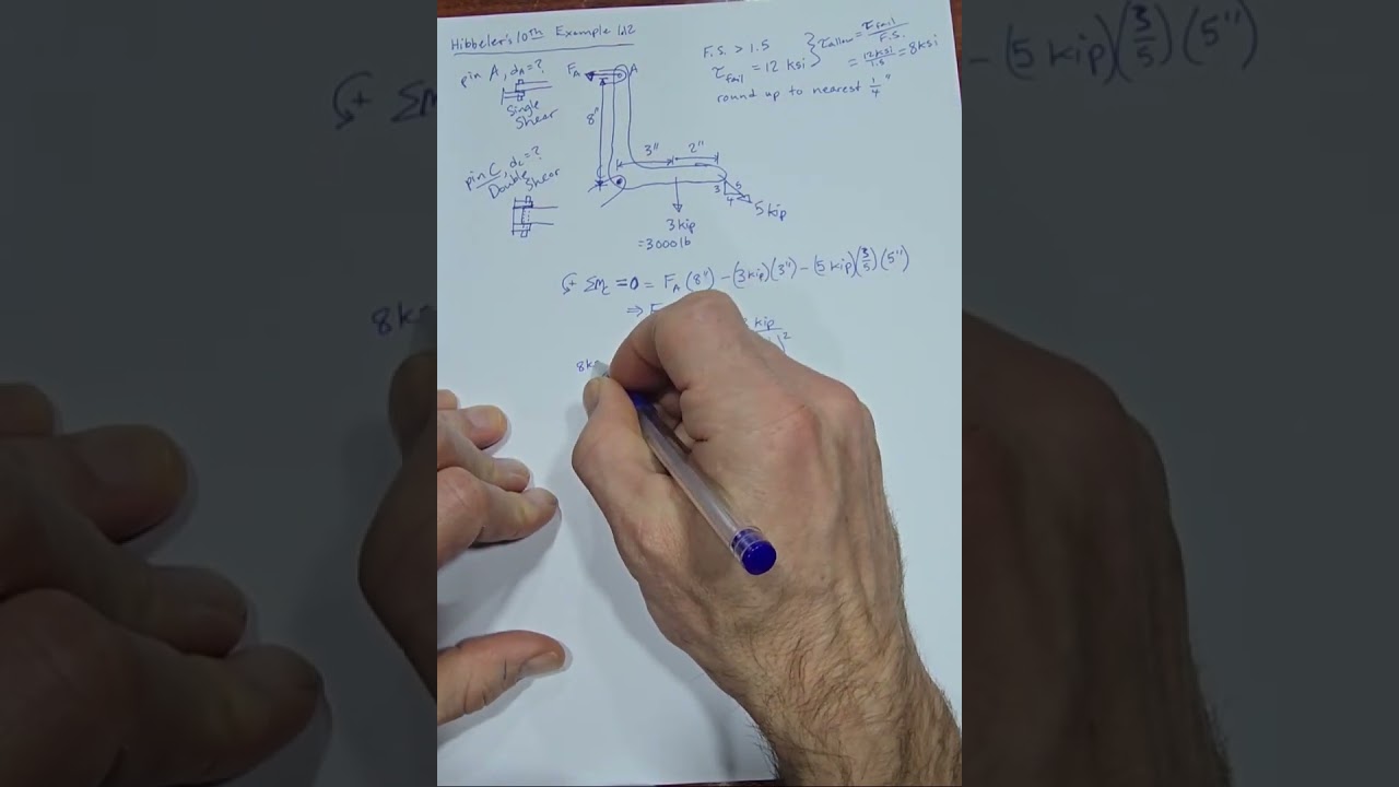 Hibbeler's Example 1.12 Single and Double Shear Pin Design with Factor of Safety and Standard Sizes