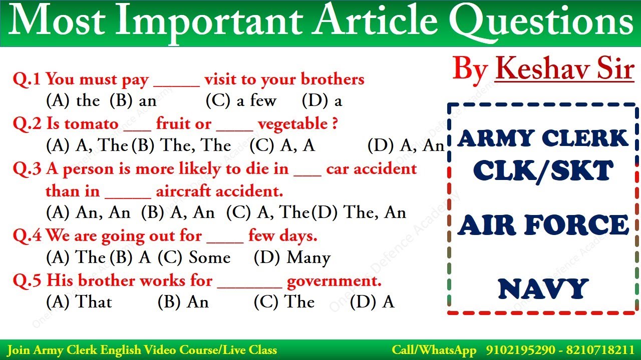 Most Important Article Questions By Keshav Sir | Army Clerk English Classes oneplus defence academy