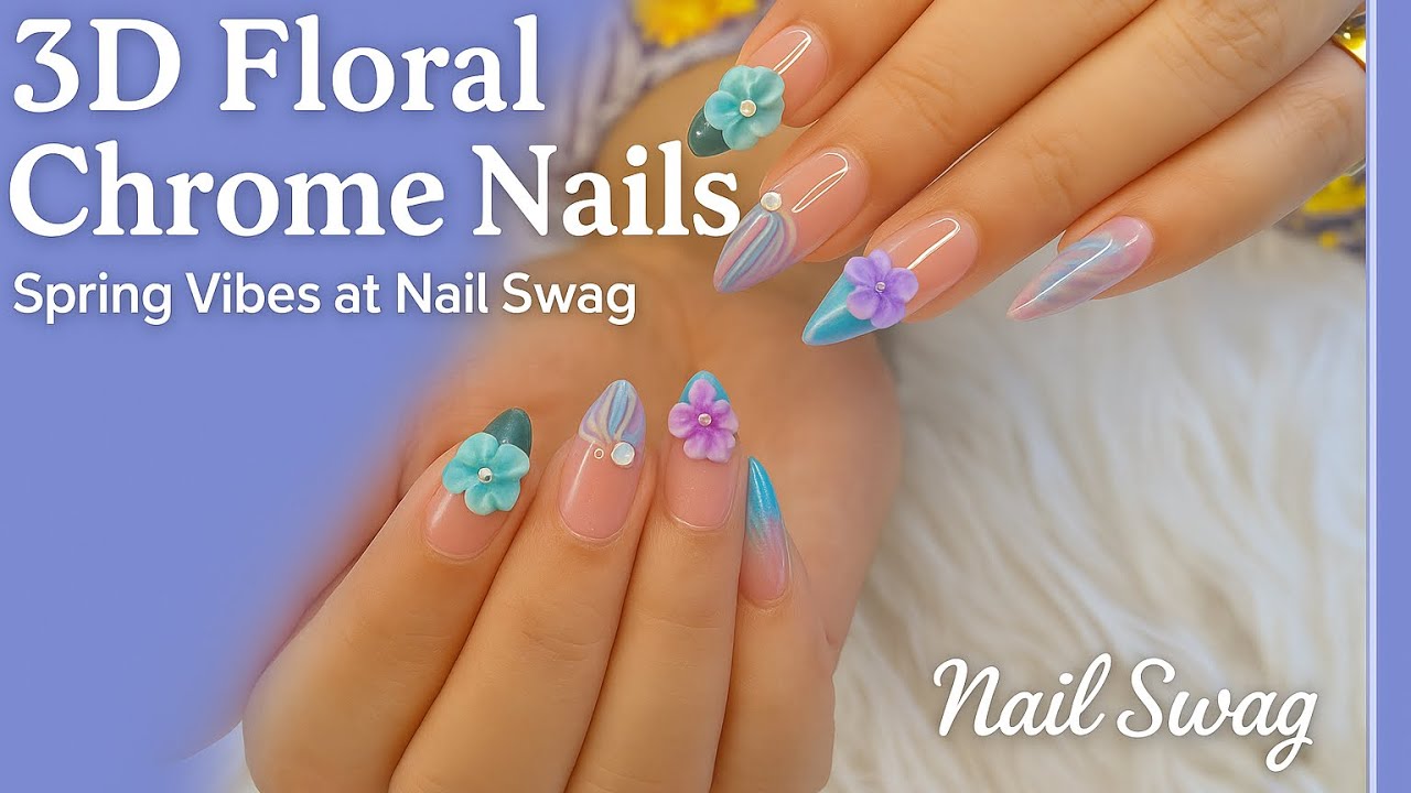 3D Floral Chrome Nail Art | Nail Swag Salon Lahore