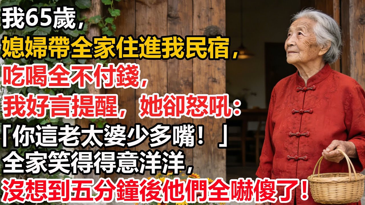 我65歲，媳婦帶全家住進我民宿，吃喝全不付錢，我好言提醒，她卻怒吼：「你這老太婆少多嘴！」全家笑得得意洋洋，沒想到五分鐘後他們全嚇傻了！