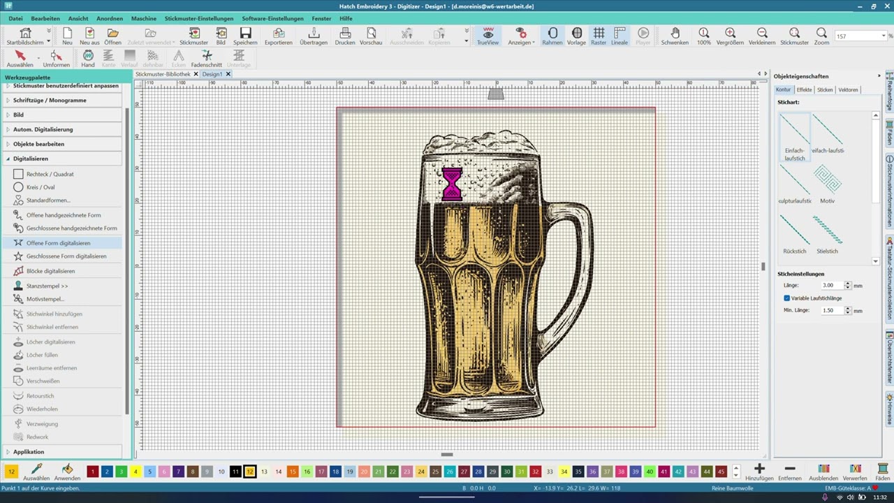 Hatch Embroidery Digitizer Tutorial: Ich mag Bier! Mit dem Geradstich digitalisieren.