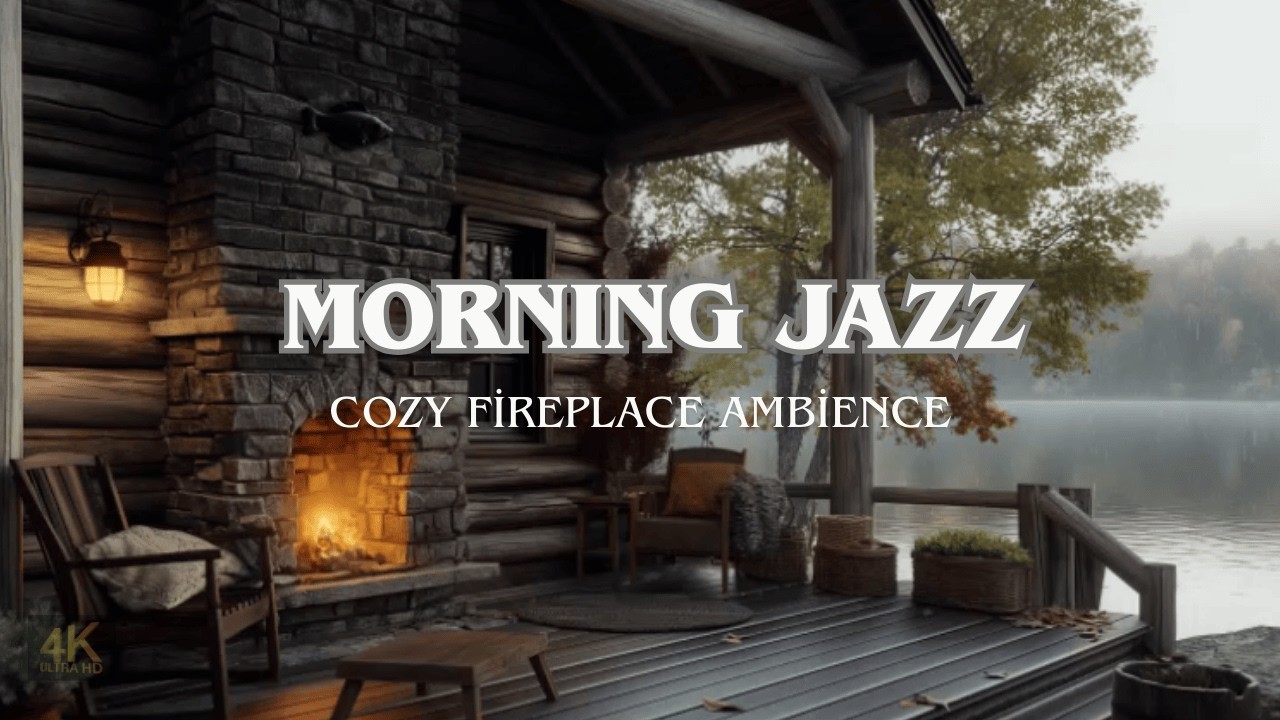 Quiet Cozy Lakeside Morning | Relaxing Fireplace Cabin Ambience (4K)