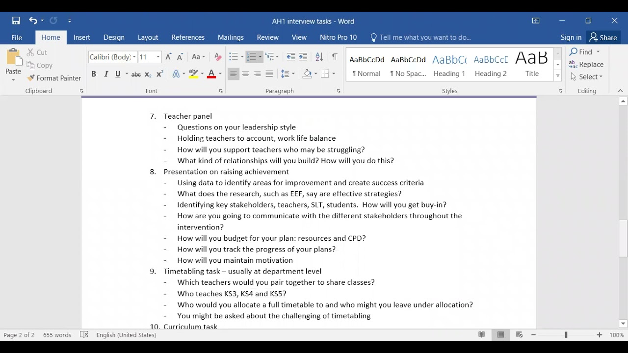 Assistant Head interview tasks