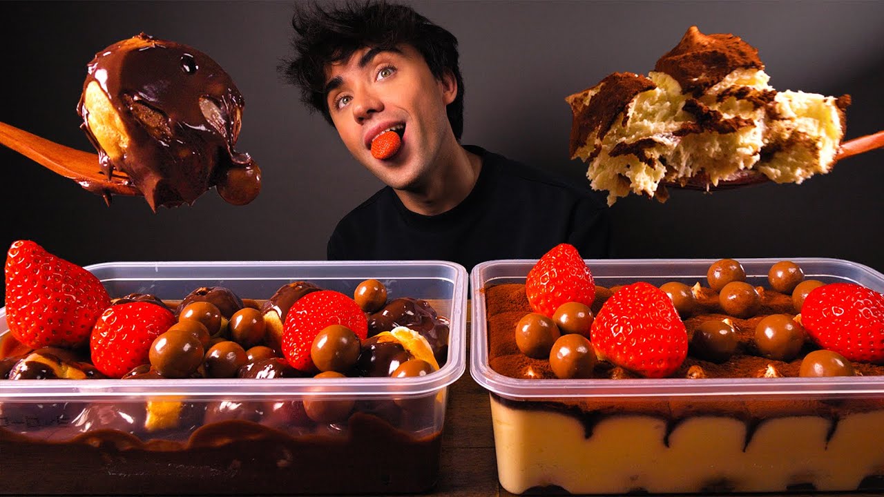 ASMR GIANT CHOCOLATE PROFITEROLES, TIRAMISU CAKE, MALTESERS, STRAWBERRIES | MUKBANG EATING SOUNDS
