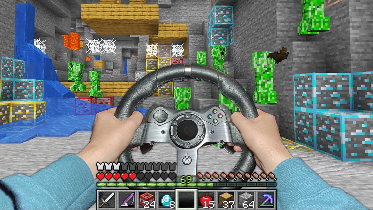 Minecraft but I actually use a steering wheel to play..