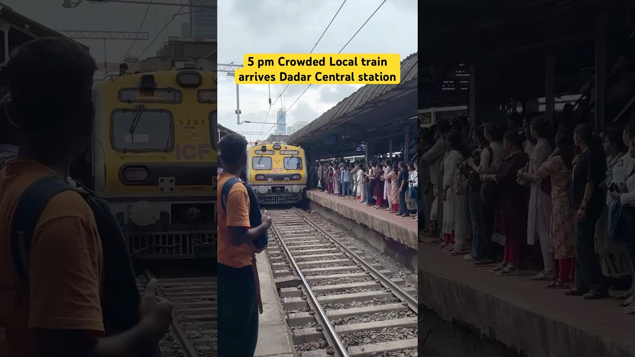5 pm Crowded Local train arrives Dadar Central station