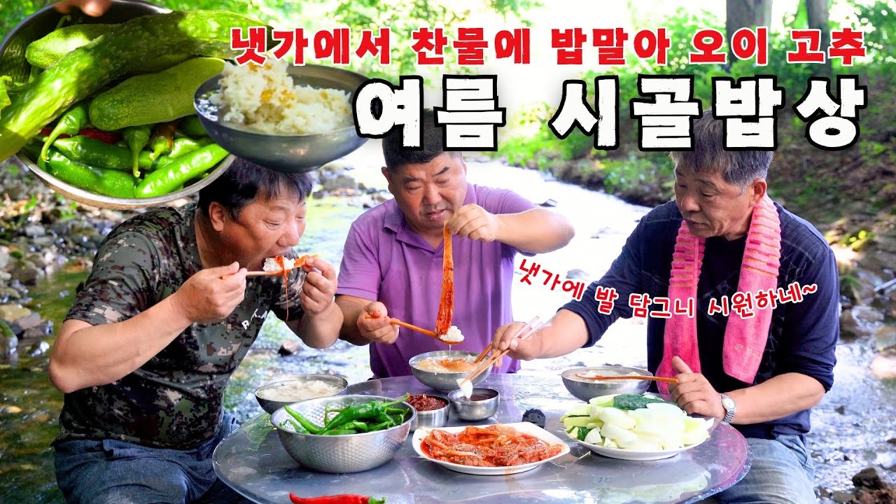 [시골먹방] 시원한 냇가에서 발 담그고 찬물에 밥 말아서 직접 딴 청양고추 오이 먹방 [Chili pepper, cucumber with rice in water] MUKBANG