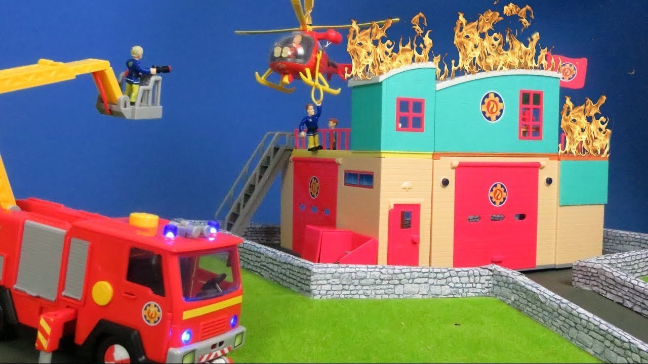 A fire truck extinguishes a fire station