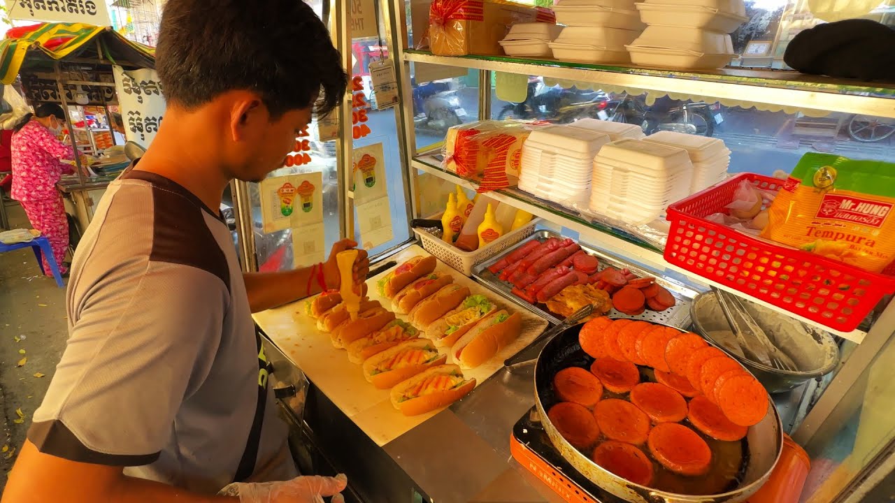 Fast Serving Fast Food ! Under $1 Hamburger & Sandwich Made By A Young Man! Cambodian Street Food