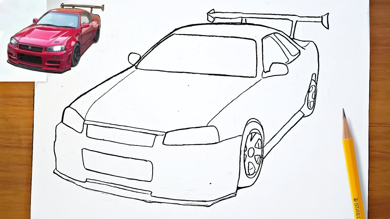 Рисунок автомобиля Nissan Skyline GTR R34 | Простой урок по рисованию японских автомобилей 🔥