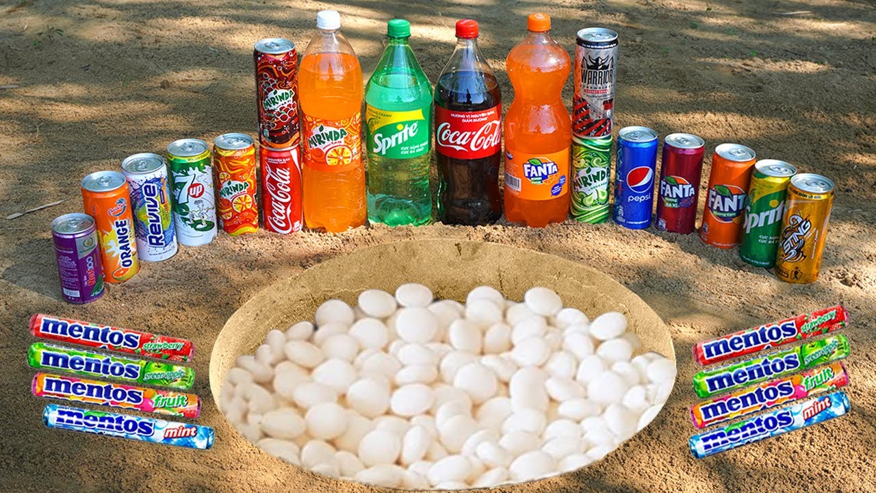 Coca, Fanta, Different Mirinda and Other Sodas Cans VS Mentos In Big Underground !