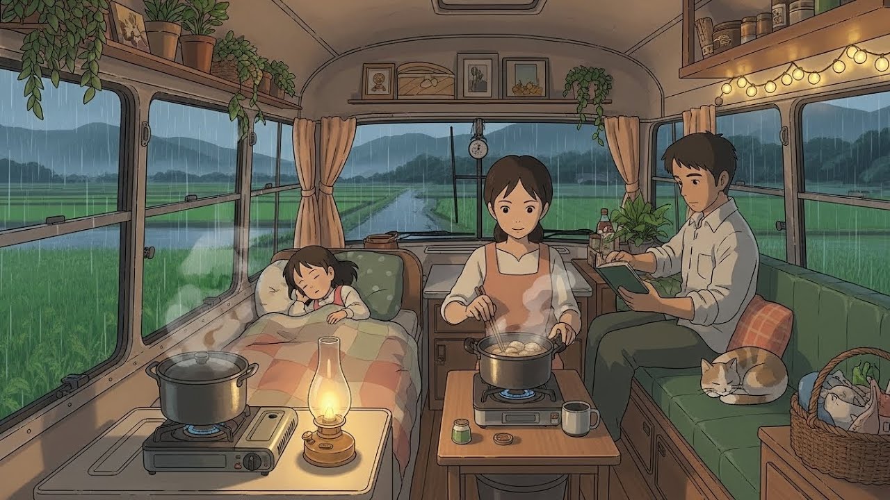 A Rainy Day in Our Mobile Home | Ghibli Style ASMR