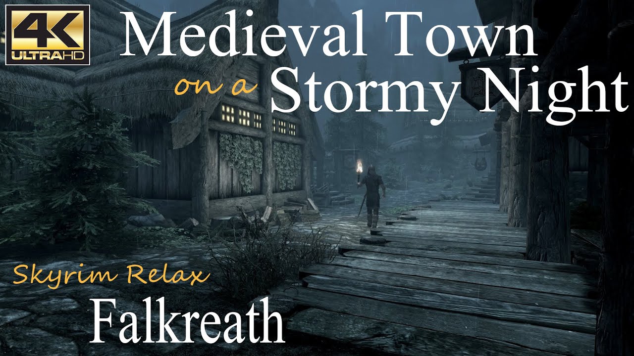 Medieval Town on a Stormy Night • Skyrim Relax (ASMR) • Falkreath • Sleep Relax & Ambient Sounds