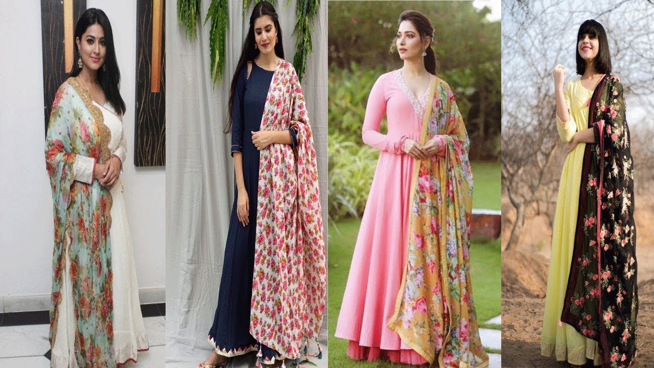 Plain Anarkali Suits With Floral Dupatta Ideas||Simple Frock Kurtis With Flower Print Dupatta Ideas