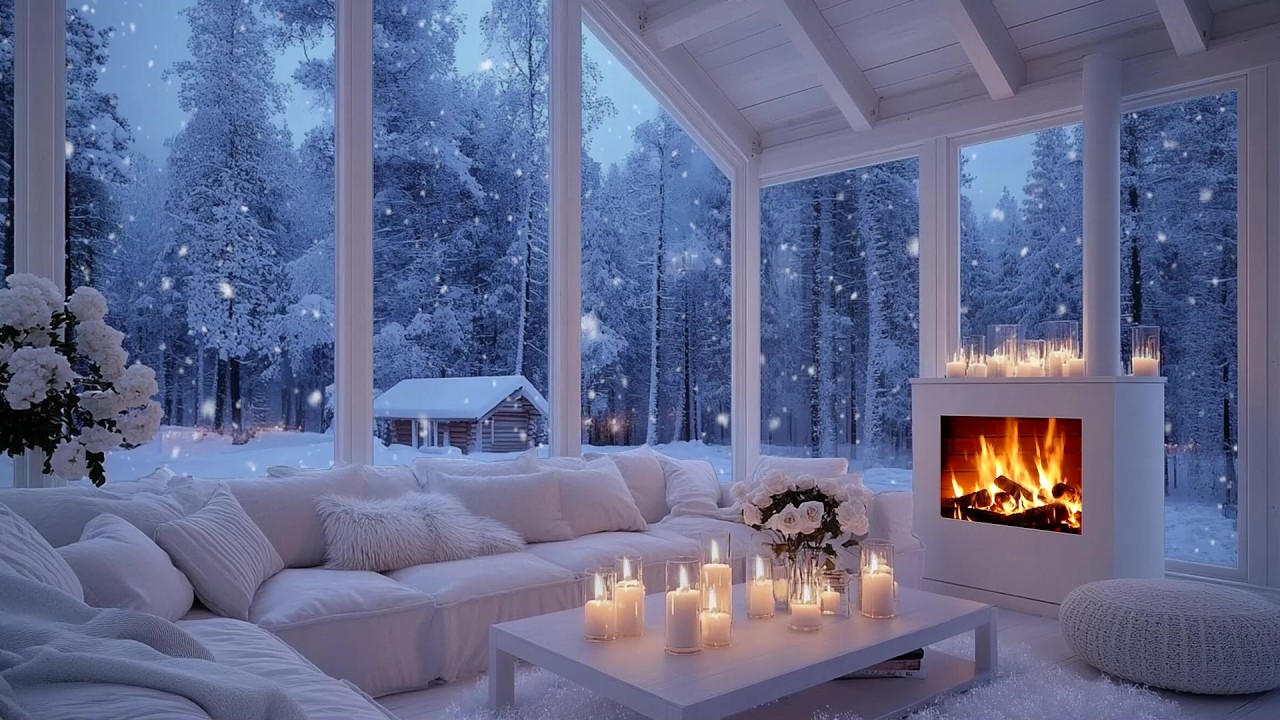 ❄️ Snowfall Lounge Ambience | Cozy Fire & Soft Piano | Relaxing Winter Music for Focus Study Sleep