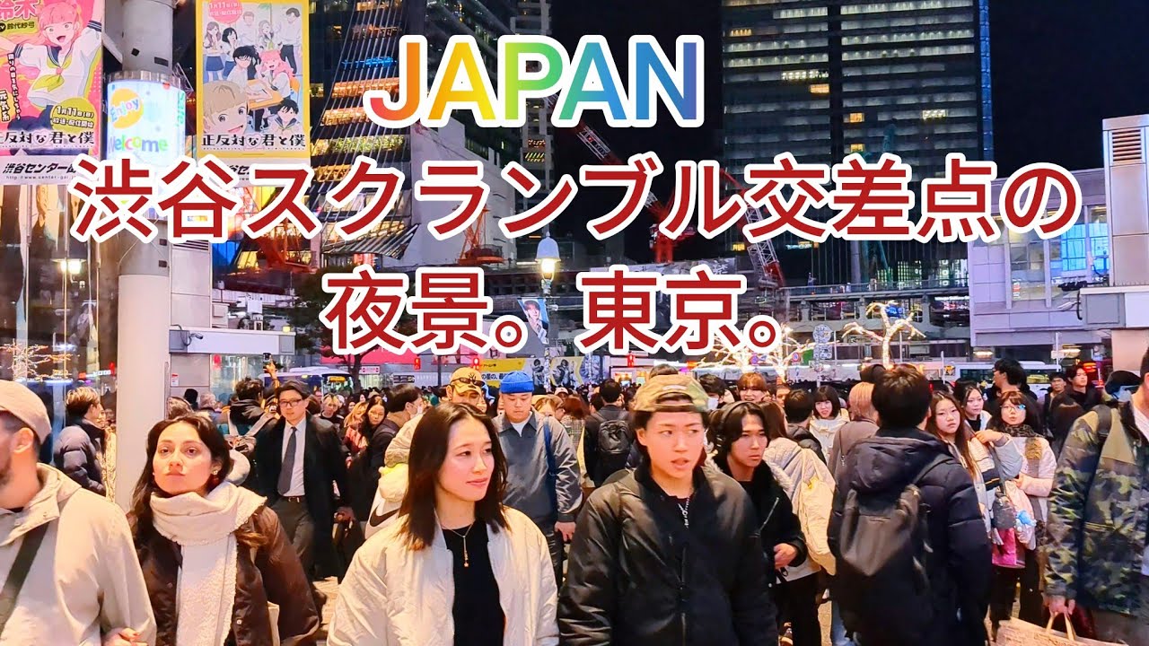 Shibuya crossing night walking tour. Tokyo, Japan. 