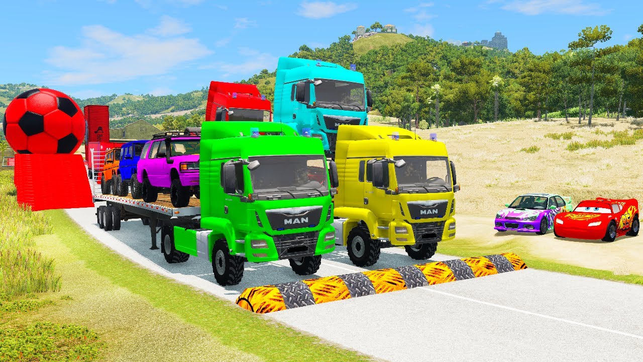 Flatbed Truck Mcqueen - Transportation with Truck - Pothole vs Car #48 BeamNG.Drive