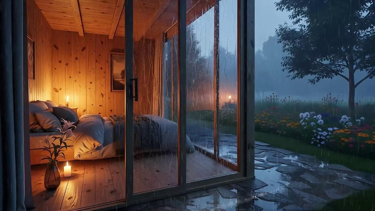 Soft Night Rain and Piano Music | Sleep in a Warm Cozy Bedroom, Relieve Stress & Anxiety