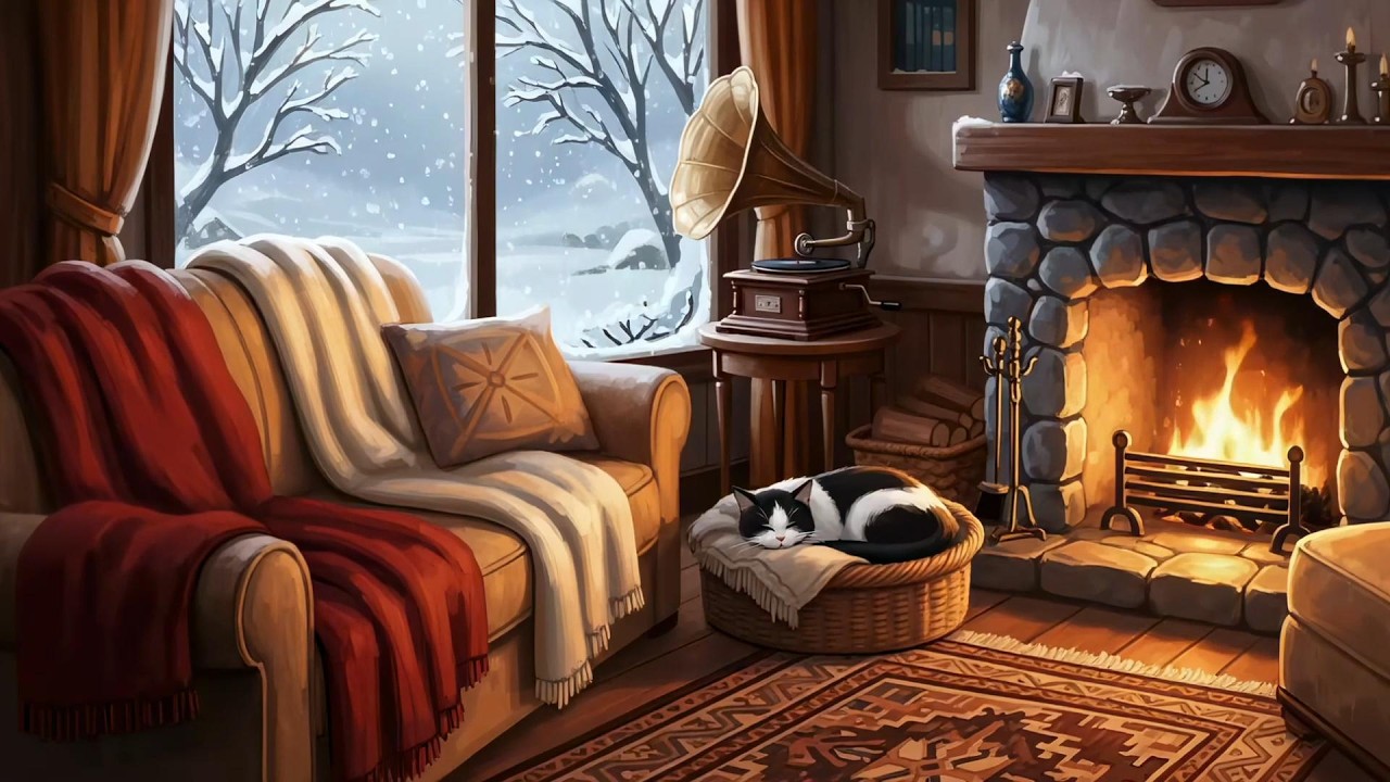 Warm Fireplace on a Rainy Night 🐾🔥 Relaxing Lofi Music for Reading & Focus