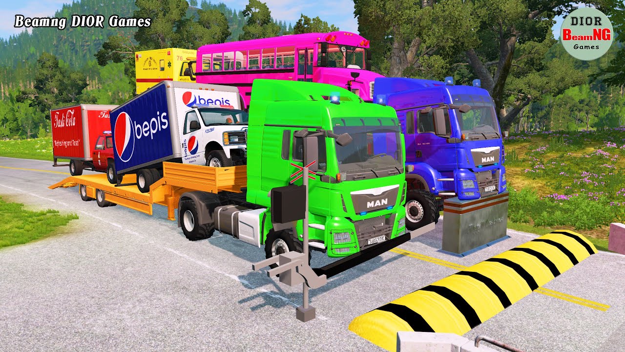 Double Flatbed Trailer Truck vs speed bumps|Busses vs speed bumps|Beamng Drive|1261