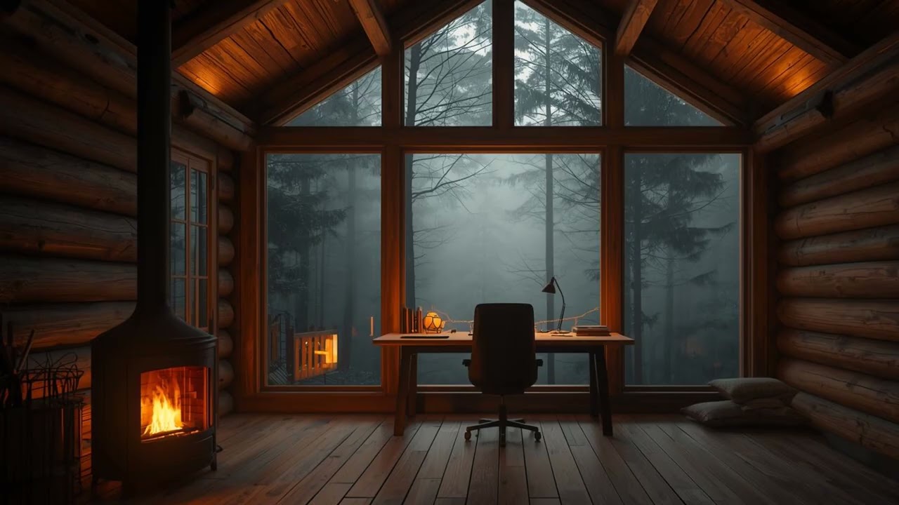 Peaceful Forest Cabin with Fireplace | Relaxing Ambient Music (4 Hours)