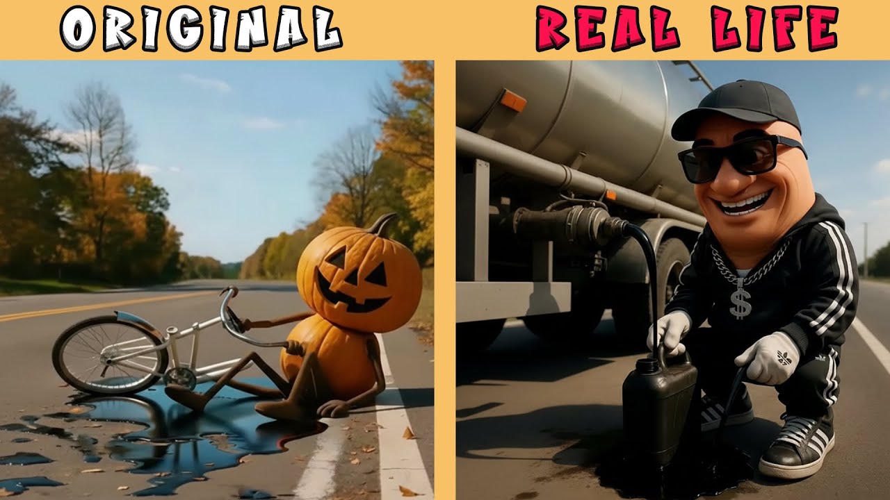 Abobrini Bolini Slips on Oil and Her Bike Breaks | Brainrot Original vs Real life | Animation