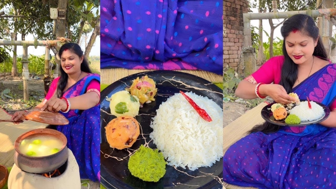 Gorom bhat with papaya tomato Bhorta in clay pot #bharta #food #recipe #cooking 
