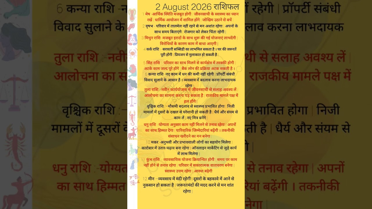 2 August 2026 rashifal Hindi #astrology #aajkarashifal #jyotishjosh #vastu #rashifal #jyotishvidhya