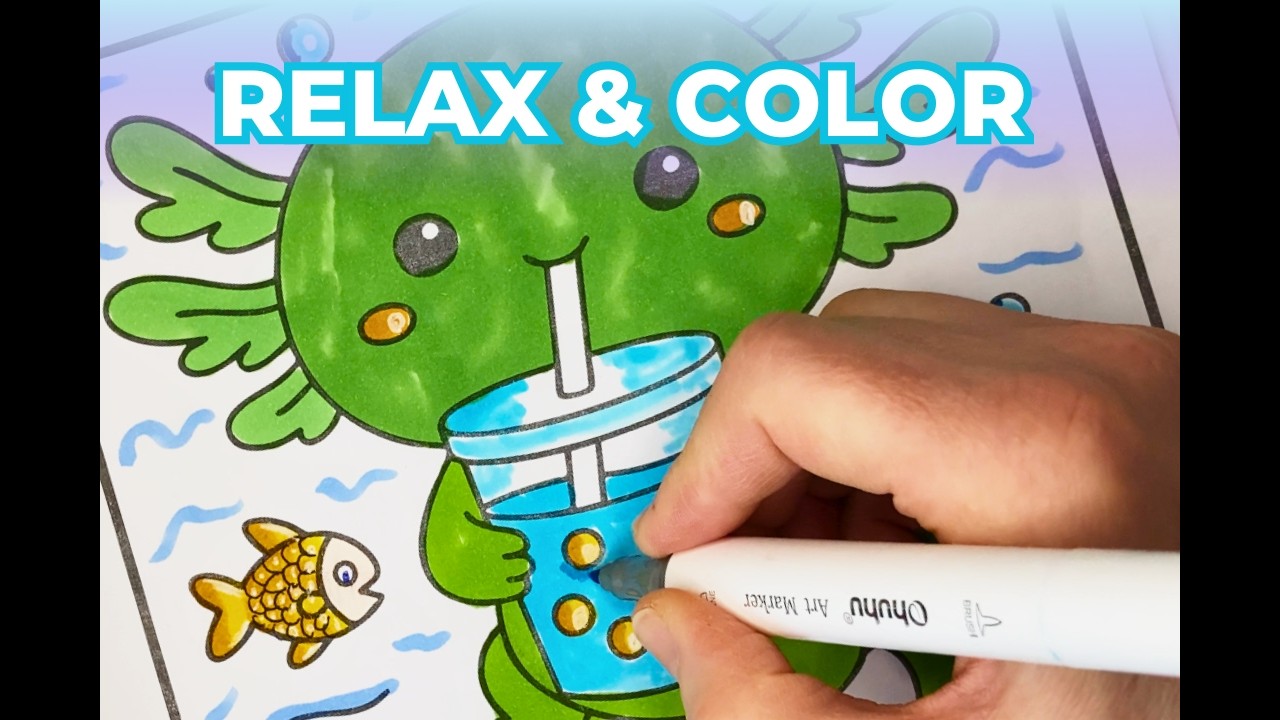 Relaxing Coloring – Cute Axolotl Drinking Bubble Tea 🧋