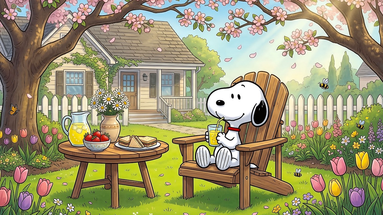 Peaceful Spring Garden with Snoopy 🌸🥤 | Relaxing Jazz for Study, Reading & Happy Days