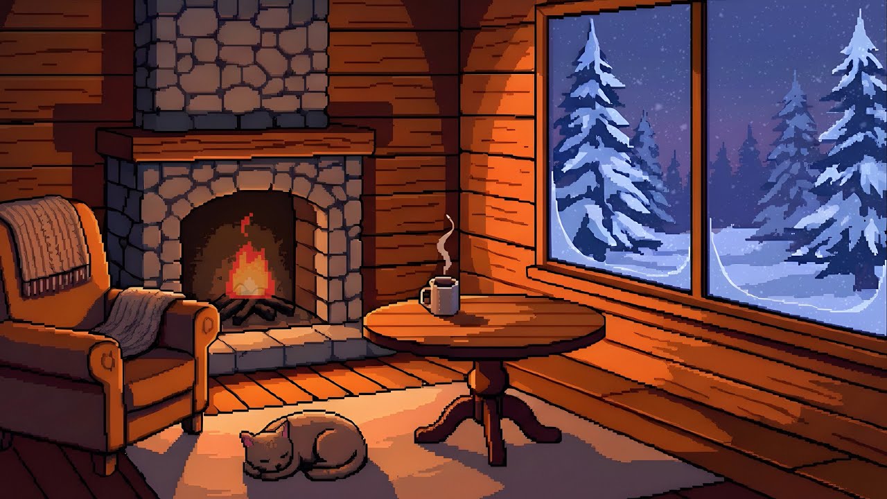Cat Sleeping by the Fireplace