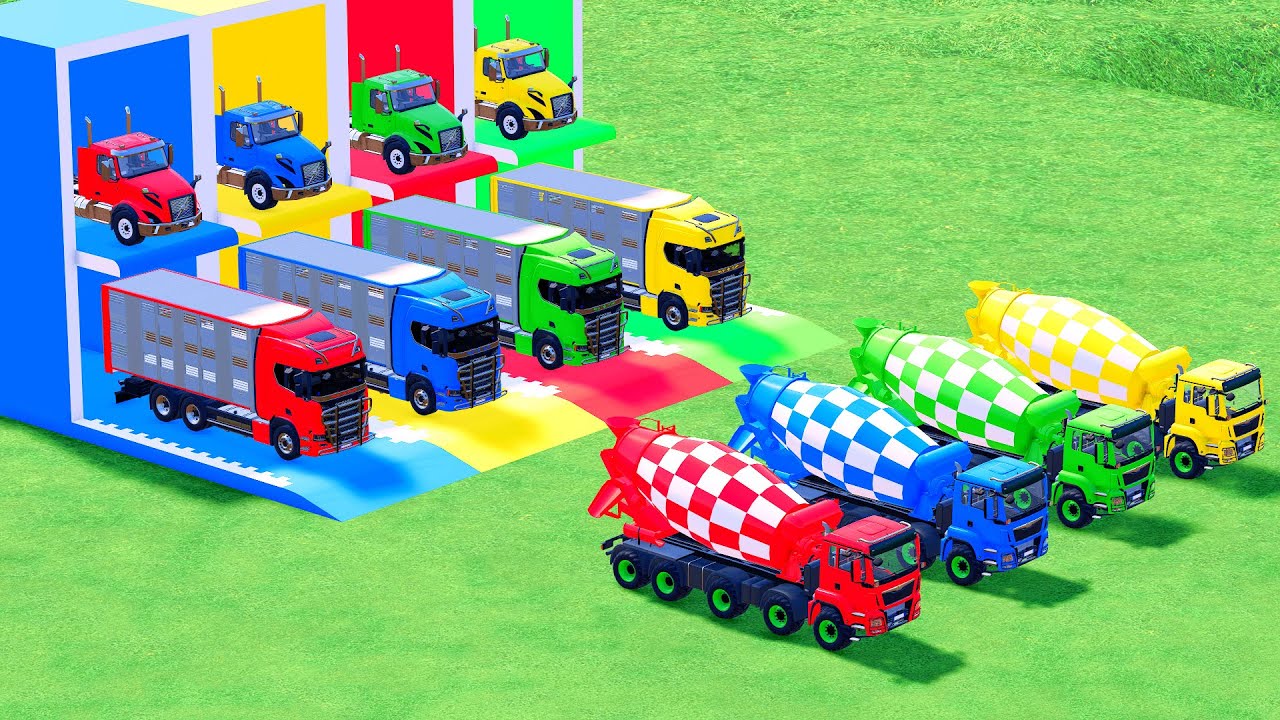 Garage with Colors - ALL MIXER TRUCK WITH DOUBLE FLATBED TRAILER TRUCK, SCANIA, MACK #63 - FS22
