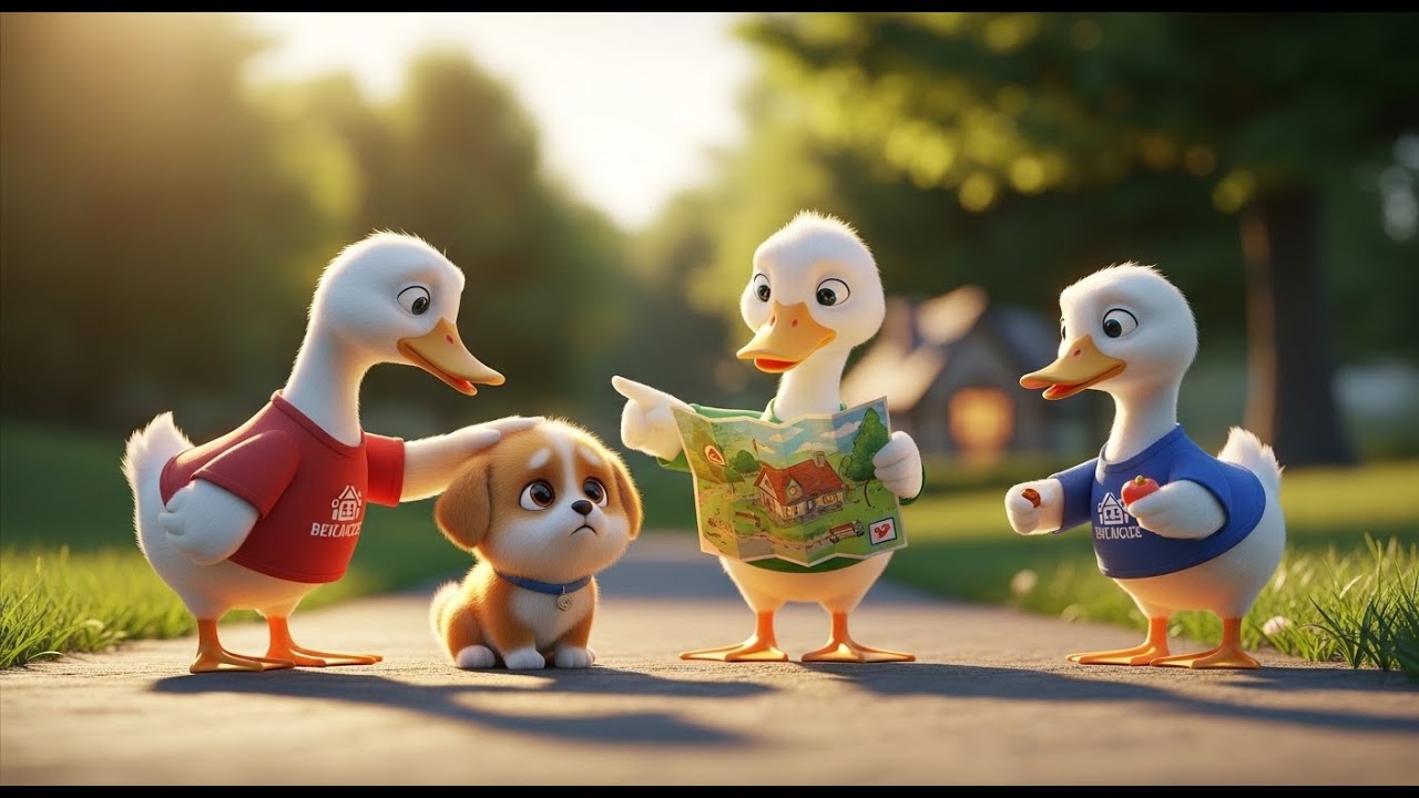 -animated-cartoon-three-duck-friends-helping-a-lost-puppy-home-part 1