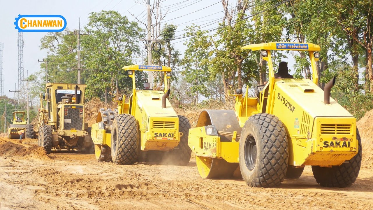 Construction ขบวนรถก่อสร้างถนน รถเกรด CAT 140G รถบด​ SAKSI SV520DF