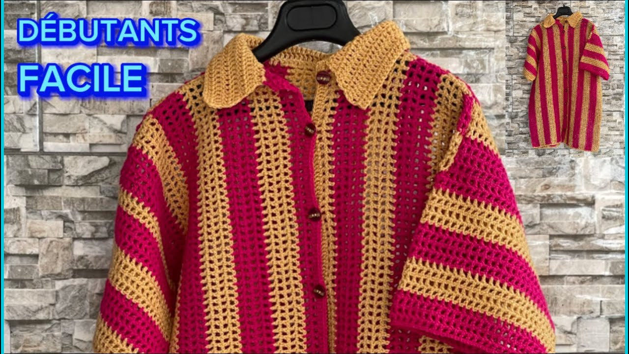 🧶Comment Crocheter Chemise FEMME FACILE DÉBUTANT / Point Filet Col Polo/ 