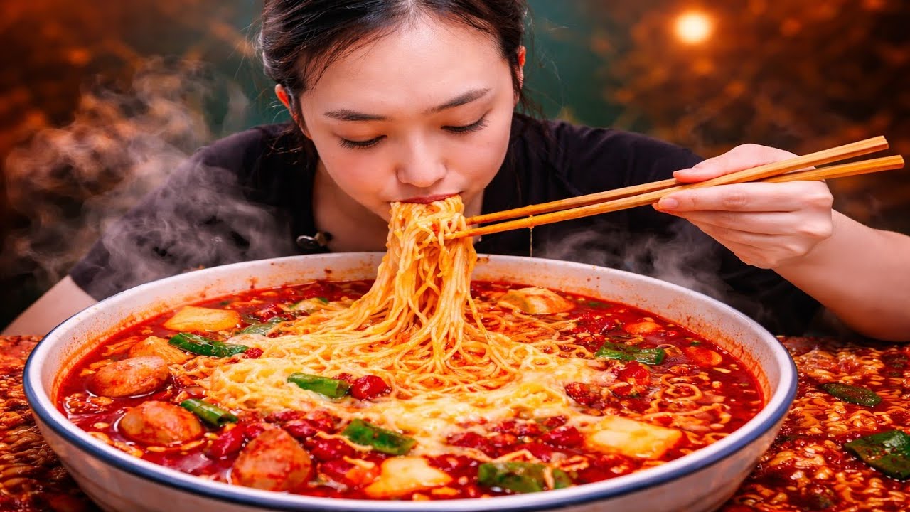 Spicy Ramen Noodles Mukbang 🌶️🔥 Cheesy ASMR Eating Sounds