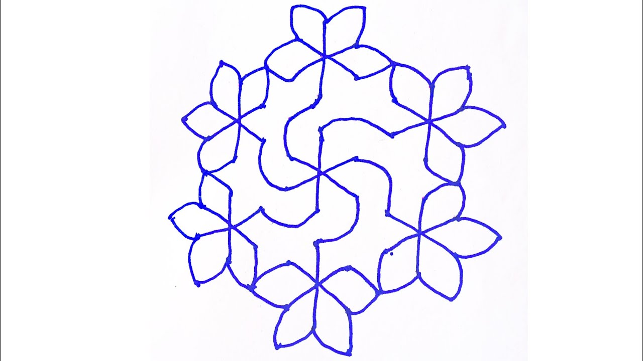 Esay 6-petal flower rangoli design with dots 