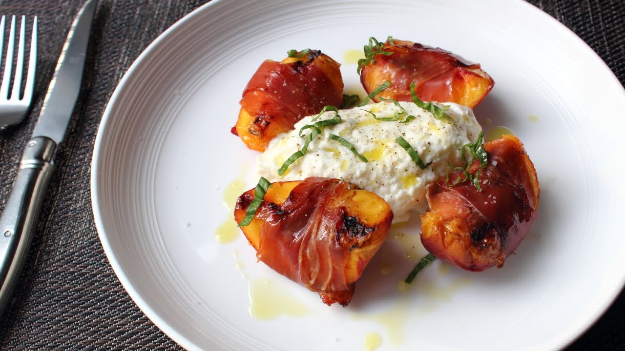 Grilled Prosciutto-Wrapped Peaches with Burrata & Basil - Summer Appetizer or Savory Dessert