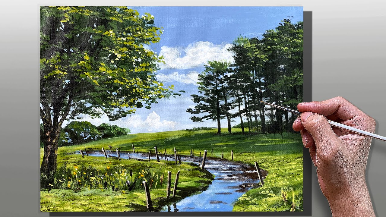 How to Paint Stream Meadow Landscape / Step-by-Step Acrylic Painting / Correa Art