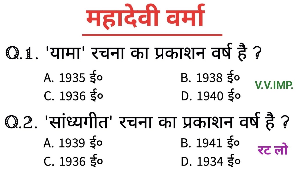 रट लो - महादेवी वर्मा। Hindi 35 Most Important Questions। परीक्षा में पूछे जाने वाले प्रश्न