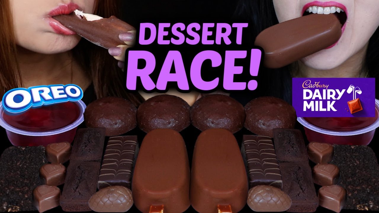 ASMR LEFTOVER DESSERT RACE! CADBURY HEARTS, MOCHI ICE CREAM, CHOCOLATE CAKE BARS, OREO ICE CREAM 먹방