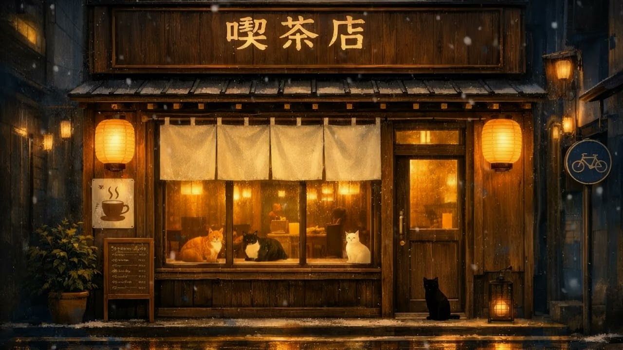 Tokyo Kissaten Cat Café Ambience ❄️ Vintage Jazz Snowy Night Coffee Shop for Study & Relax